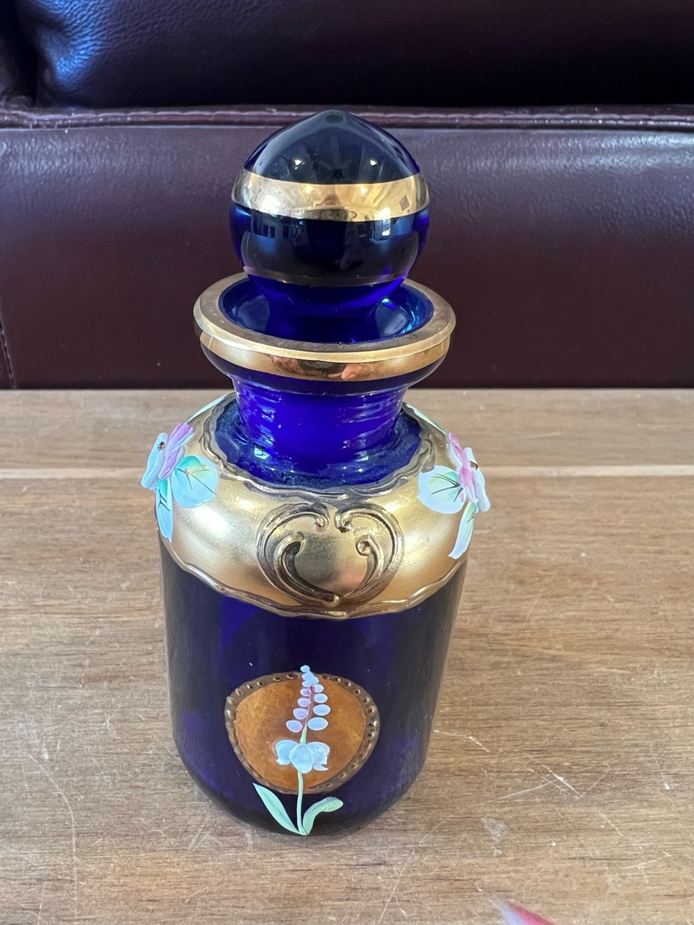 Vintage Exbor Czech Cobalt Blue & 24kt Gold gilded perfume bottle.